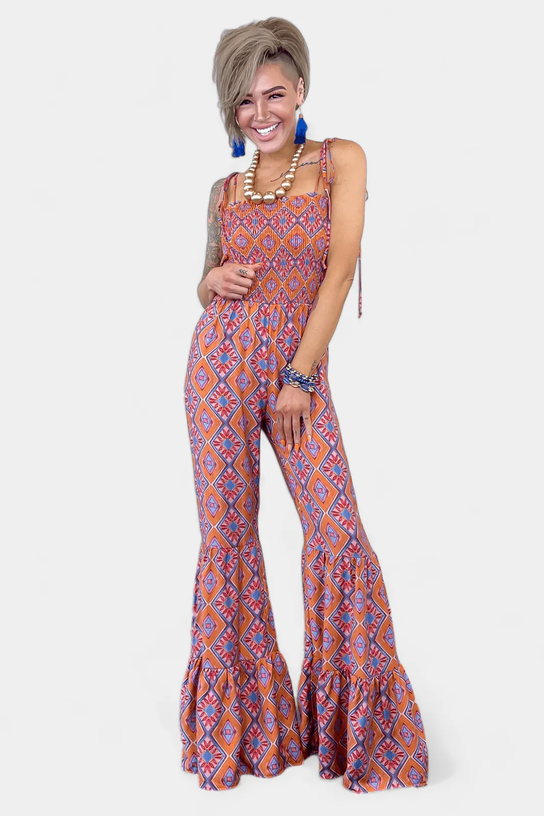 Orange Tribal Flared Jumpsuit