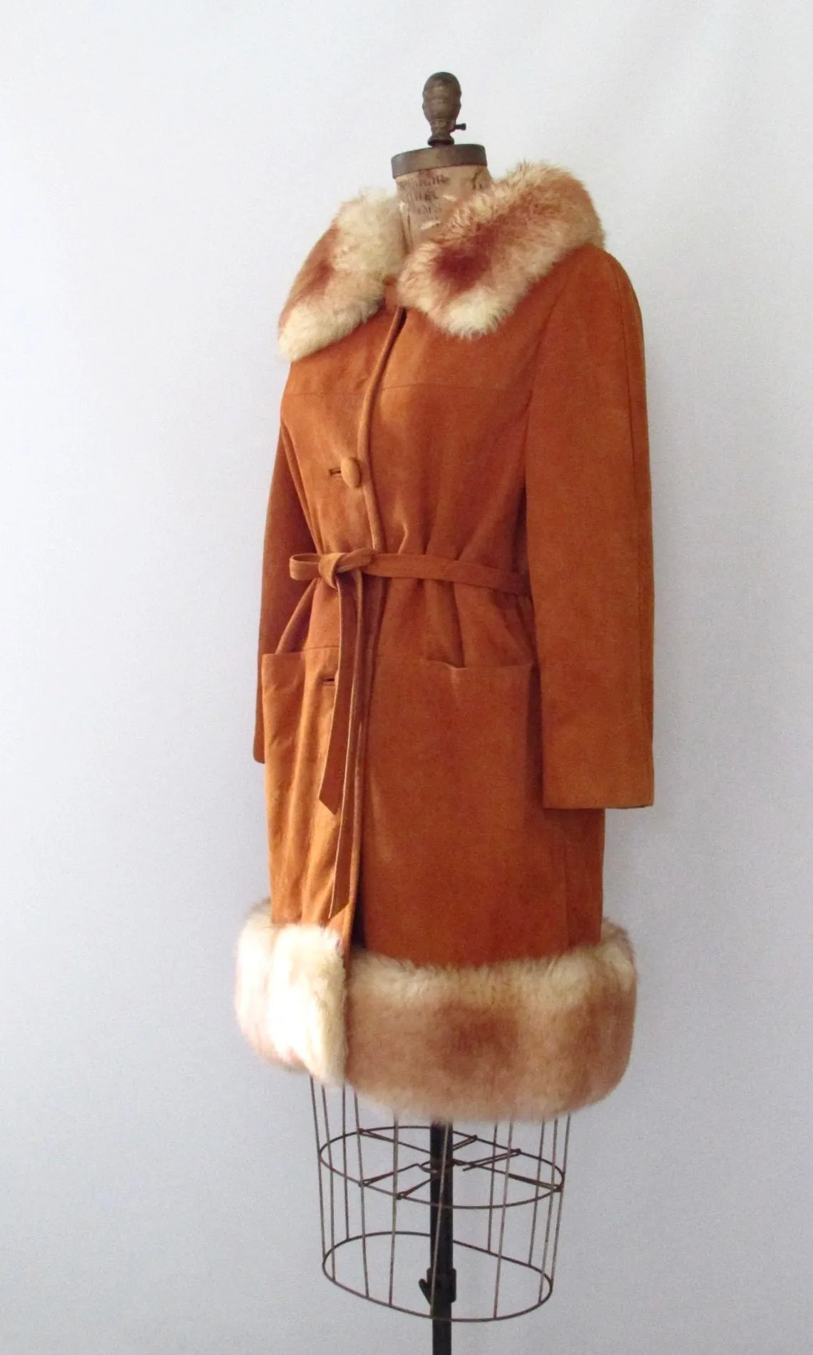 PENNY LANE 60s Suede and Sheepskin Shearling Belted Coat, Medium