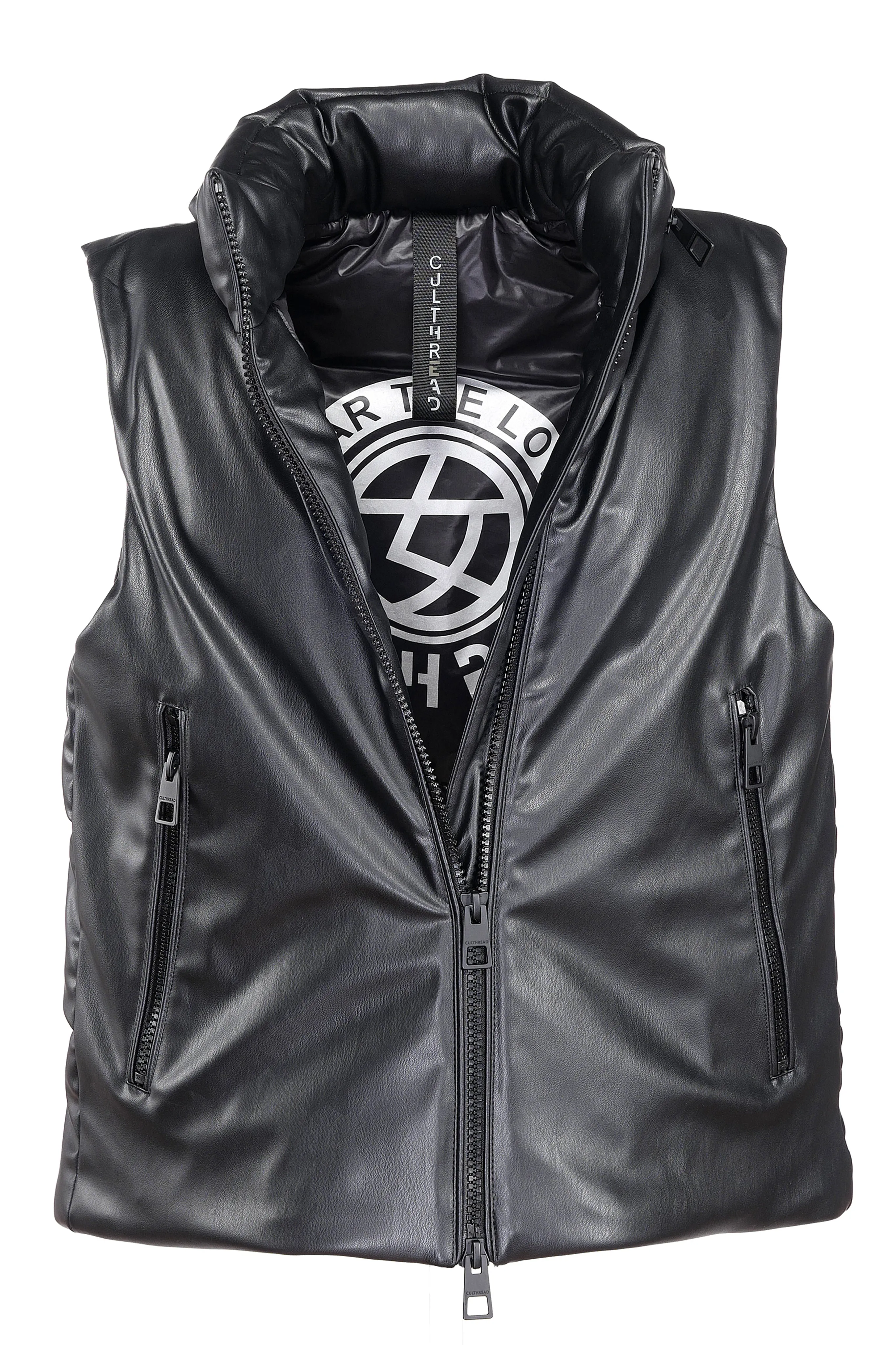 POWIS recycled vegan leather black sleeveless puffer jacket