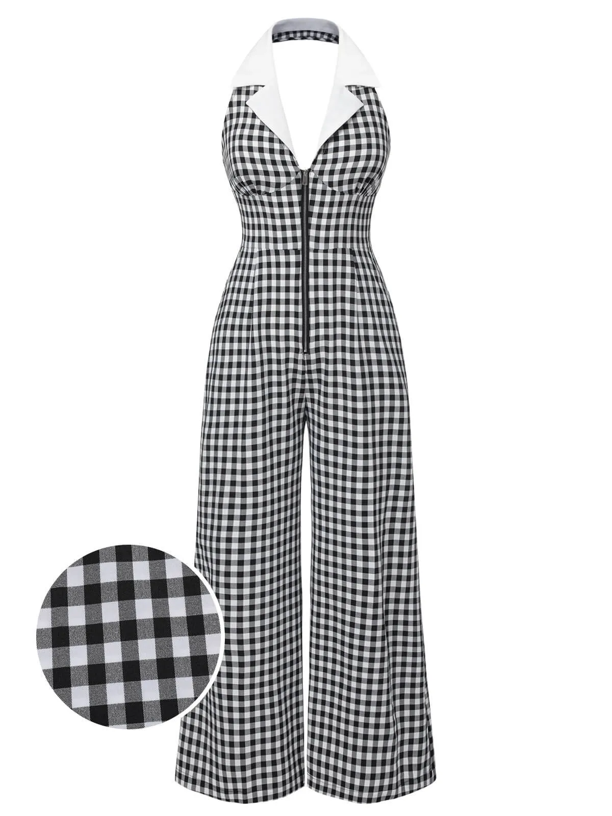 [Pre-Sale] Black White 1940s Plaid Lapel Halter Jumpsuit