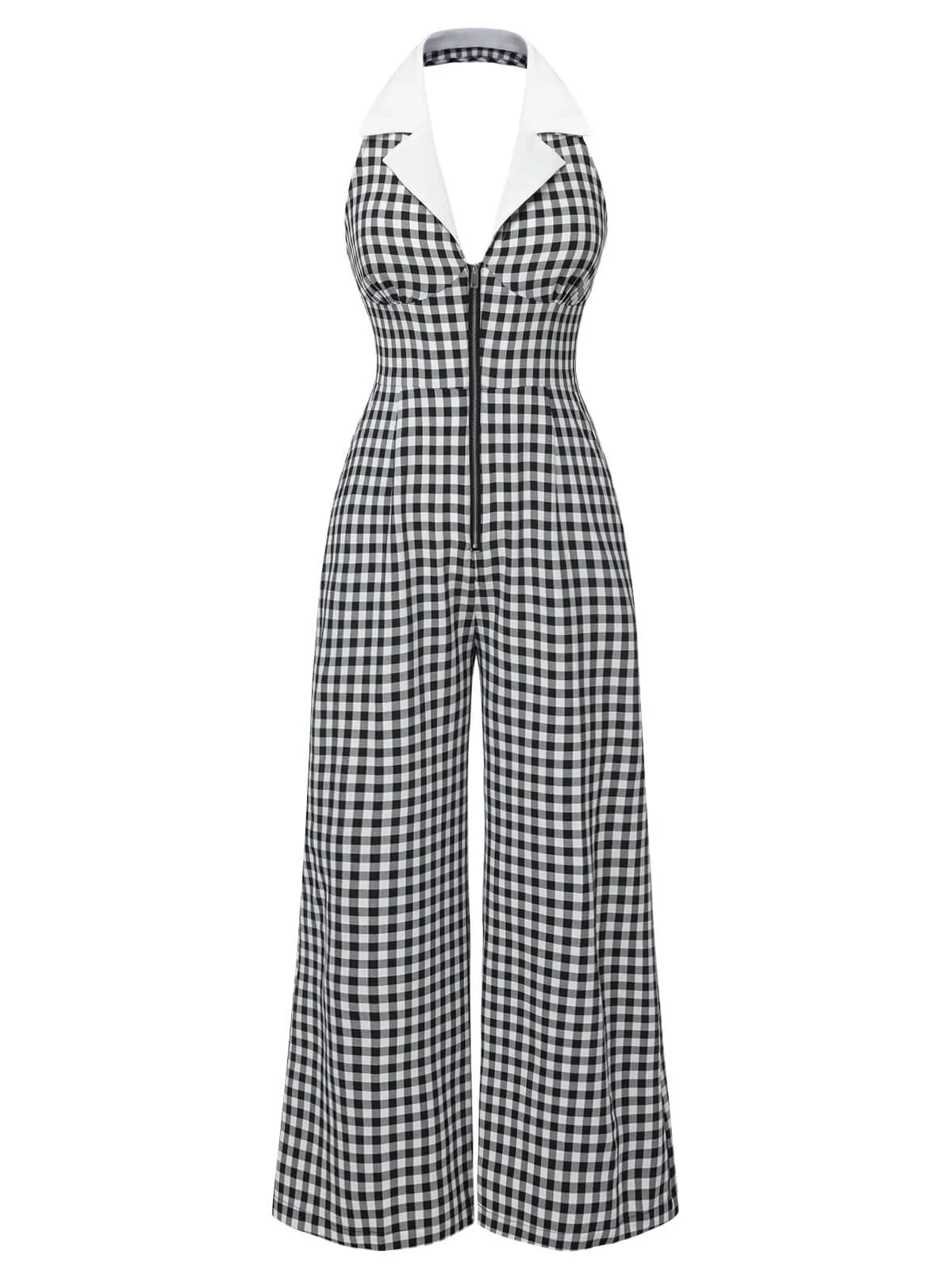 [Pre-Sale] Black White 1940s Plaid Lapel Halter Jumpsuit