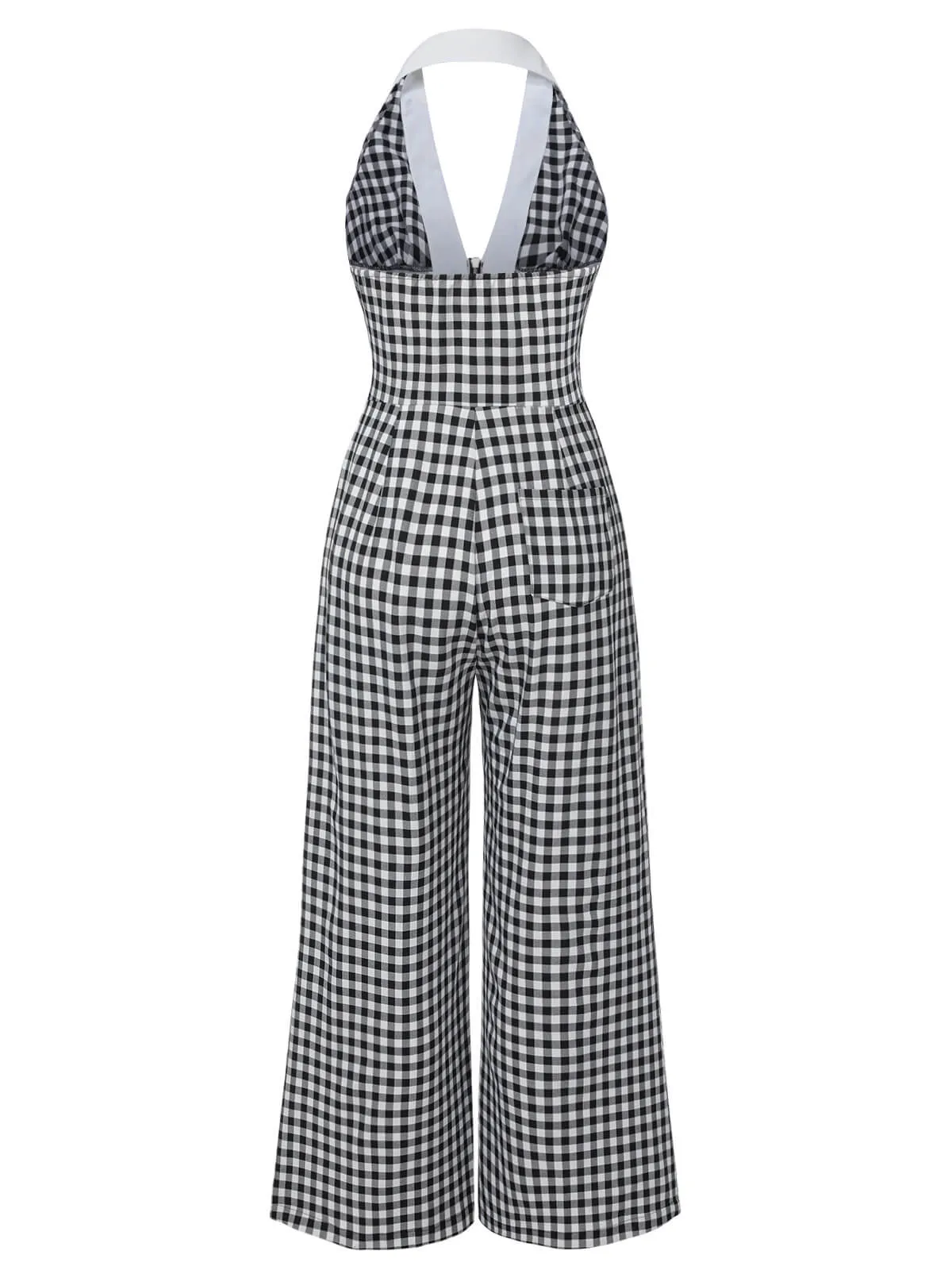 [Pre-Sale] Black White 1940s Plaid Lapel Halter Jumpsuit