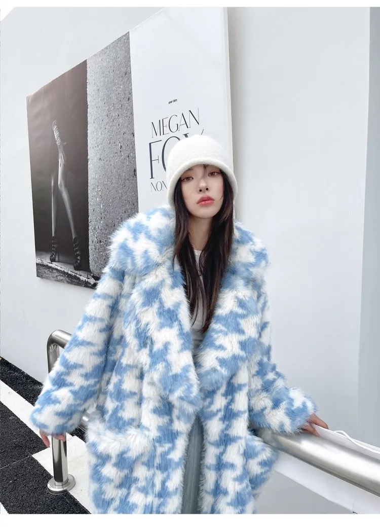 Queenie Oversize Houndstooth Fur Coat