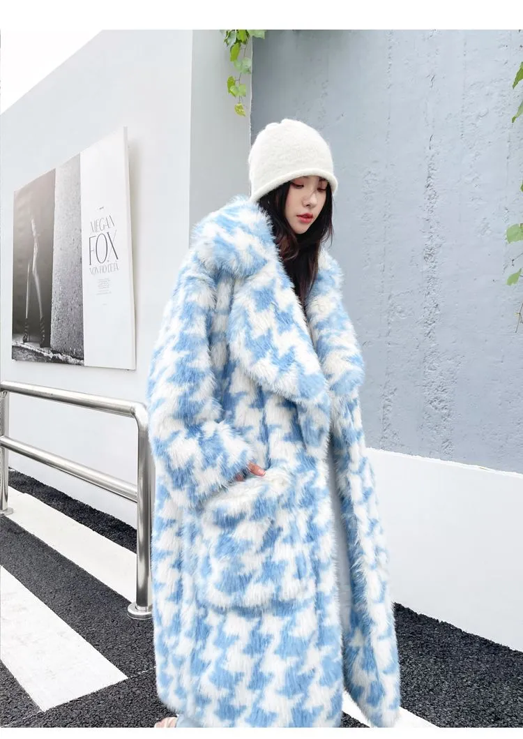 Queenie Oversize Houndstooth Fur Coat