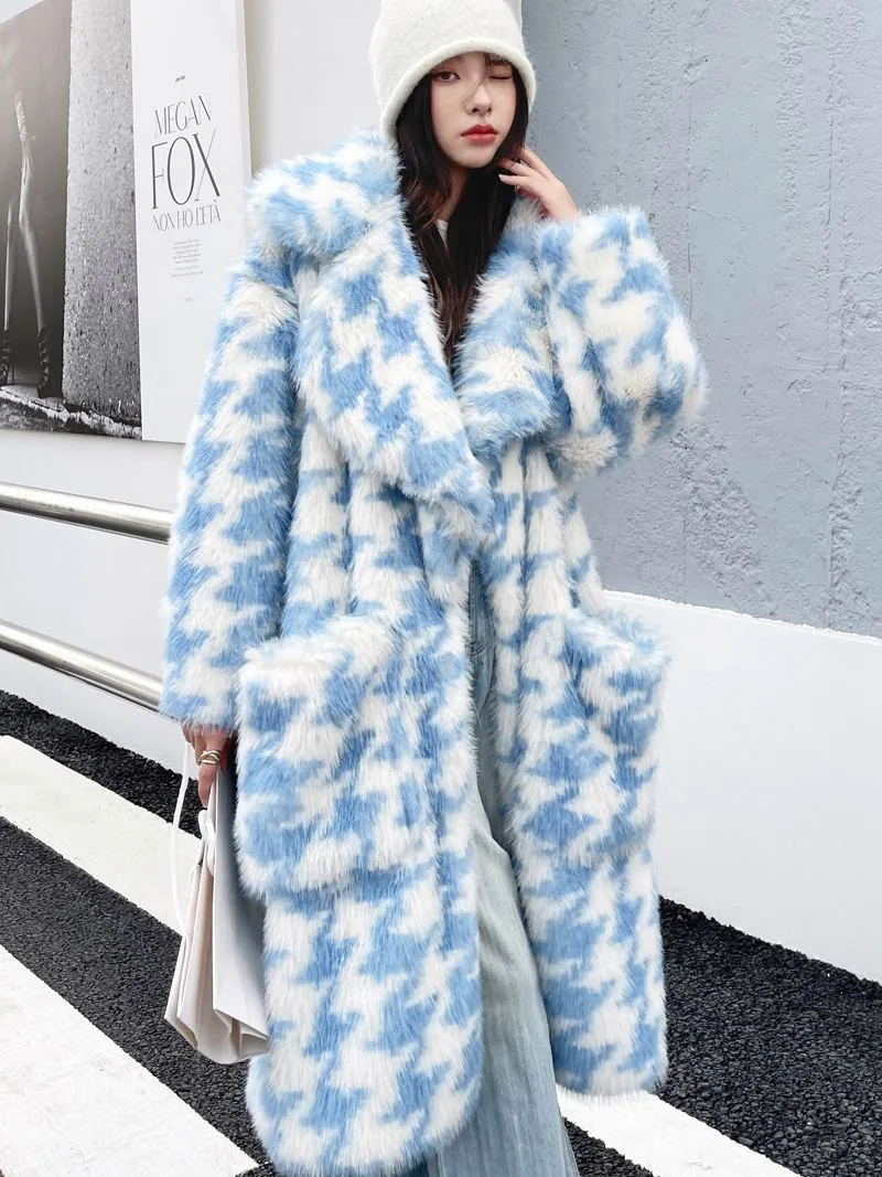 Queenie Oversize Houndstooth Fur Coat