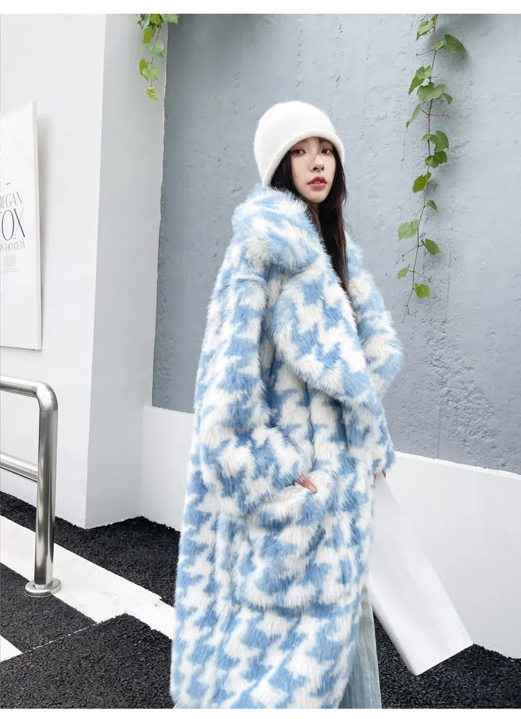 Queenie Oversize Houndstooth Fur Coat