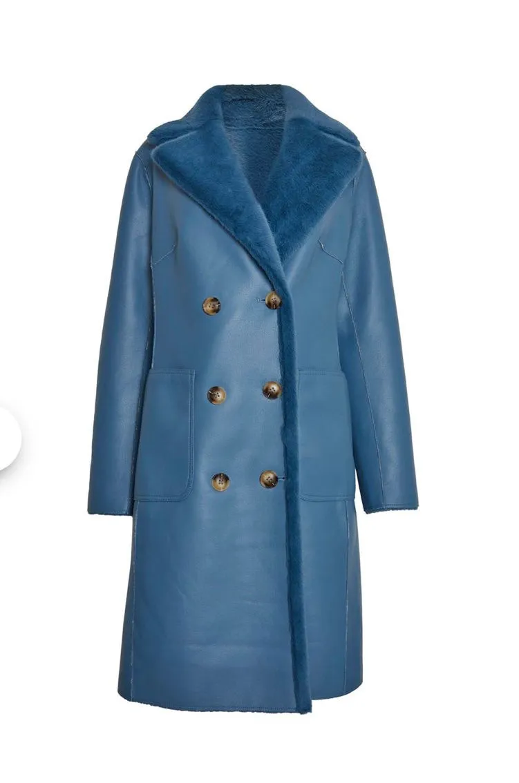 Reversible Blue Faux-Leather Fur Coat