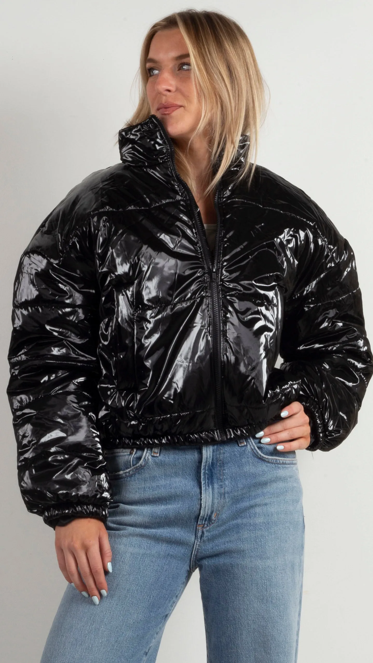 Rhi Faux Patent Puffer - Black