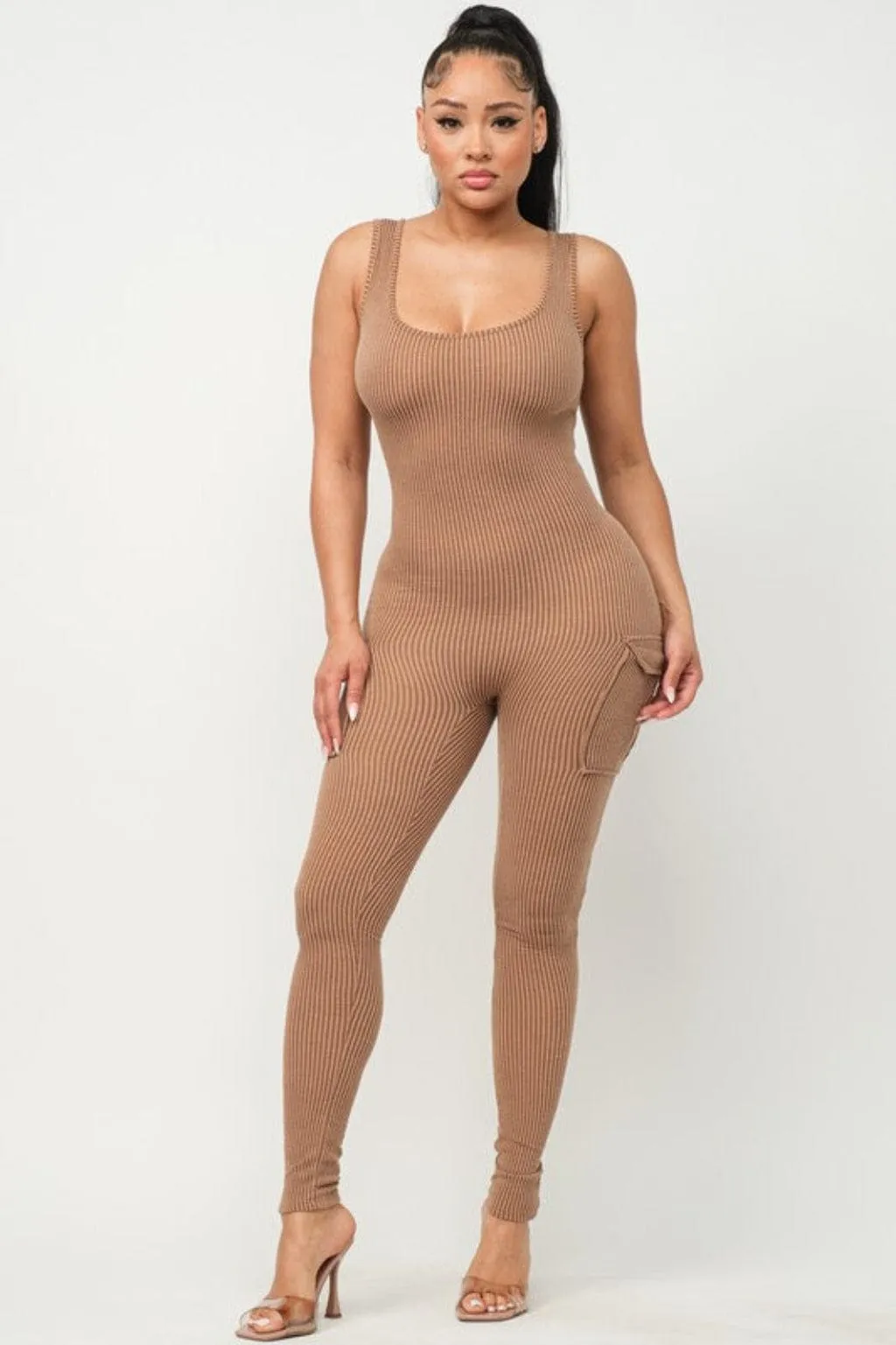 Rib Strap Season Jumpsuit-mocha