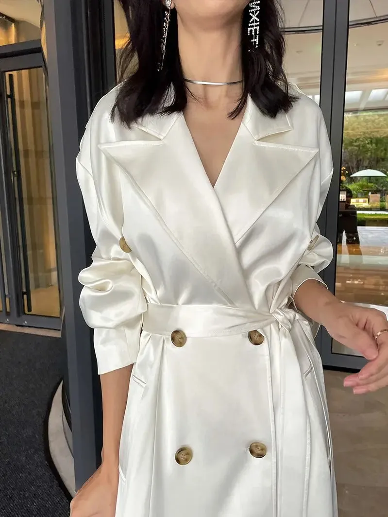 Satin Wide Lapel Double Breasted Long Coat