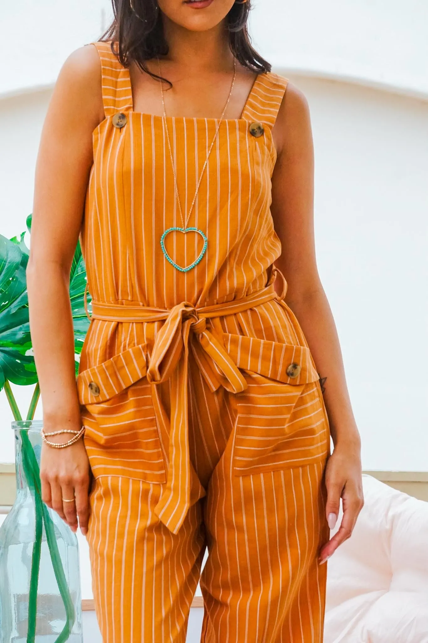 Seaside Stroll Striped Jumpsuit - Rust