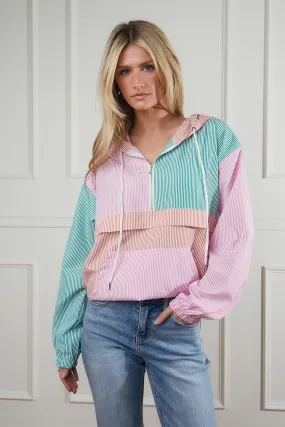 Colorful Stripe Block Zip-Up Hoodie