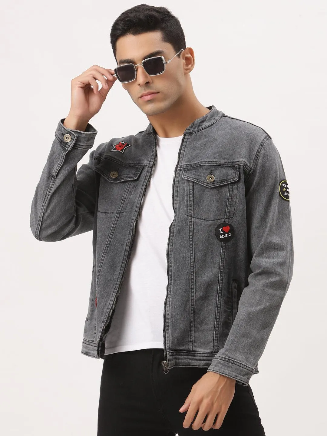 Style Quotient Men Grey Washed Denim Jacket