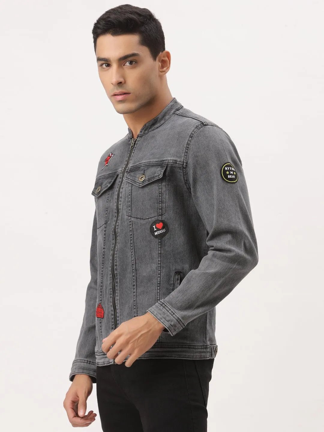 Style Quotient Men Grey Washed Denim Jacket