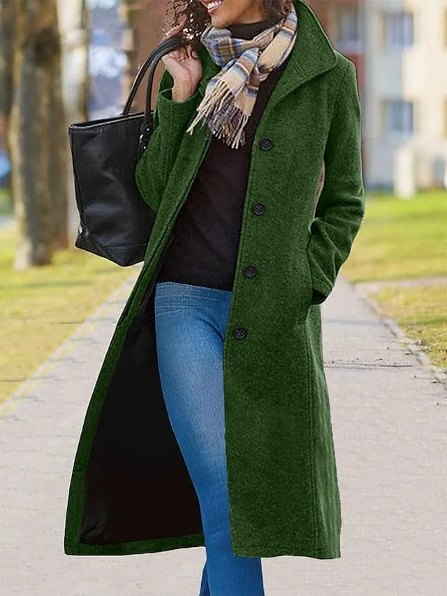 Stylish Green Long Sleeve Women's Trench Coat with Pockets