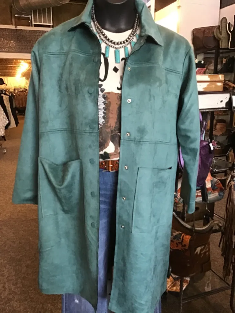 Teal Faux Suede Snap Front Coat - Small to 3X