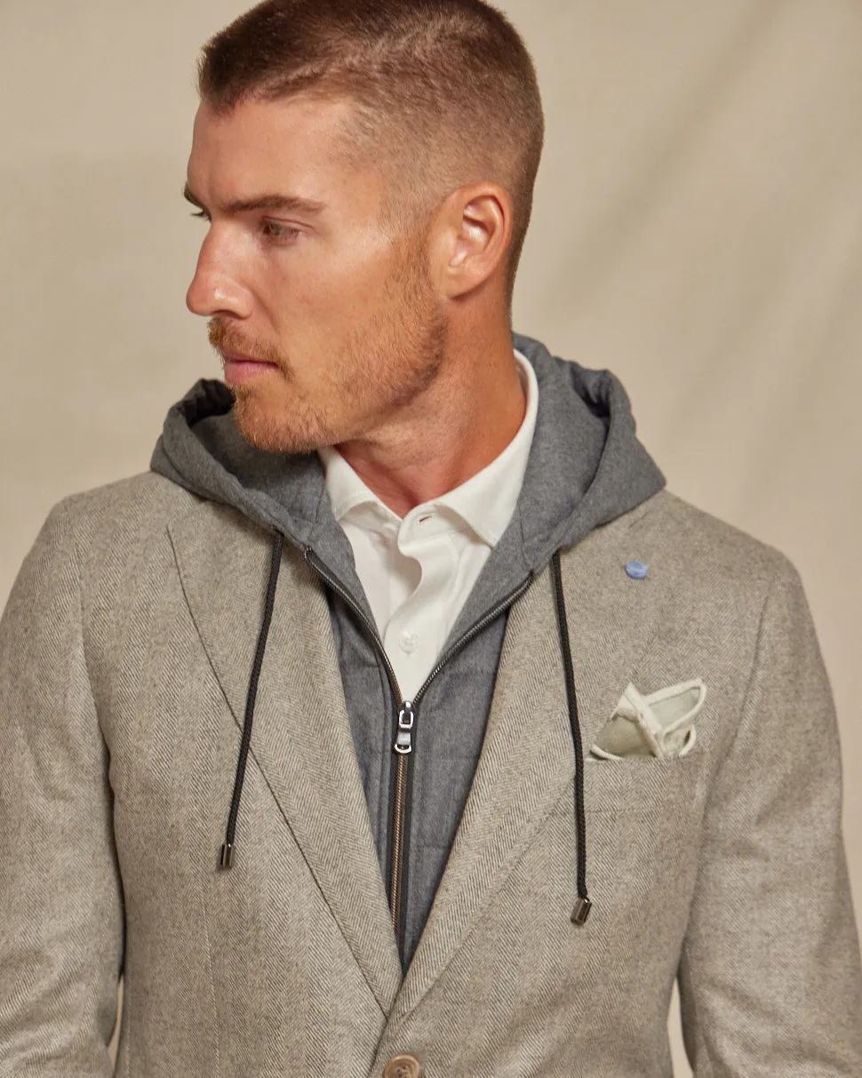 The Kane - Loro Piana Hoodie Button Out Soft Jacket - Taupe Grey Herringbone