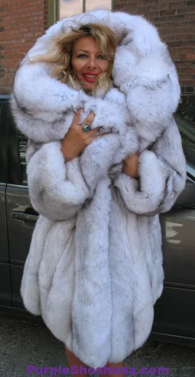 Unique Plush Solid Silver Canadian Blue Fox Fur Coat - Detachable Cape M/L