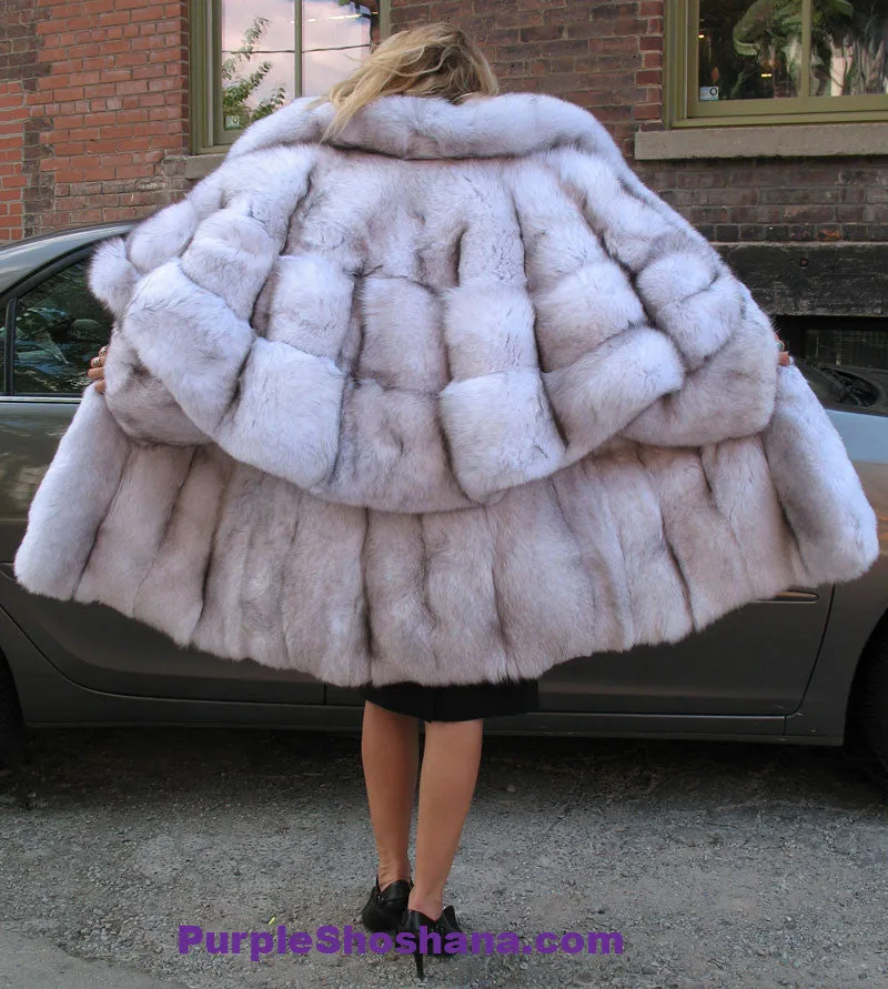 Unique Plush Solid Silver Canadian Blue Fox Fur Coat - Detachable Cape M/L