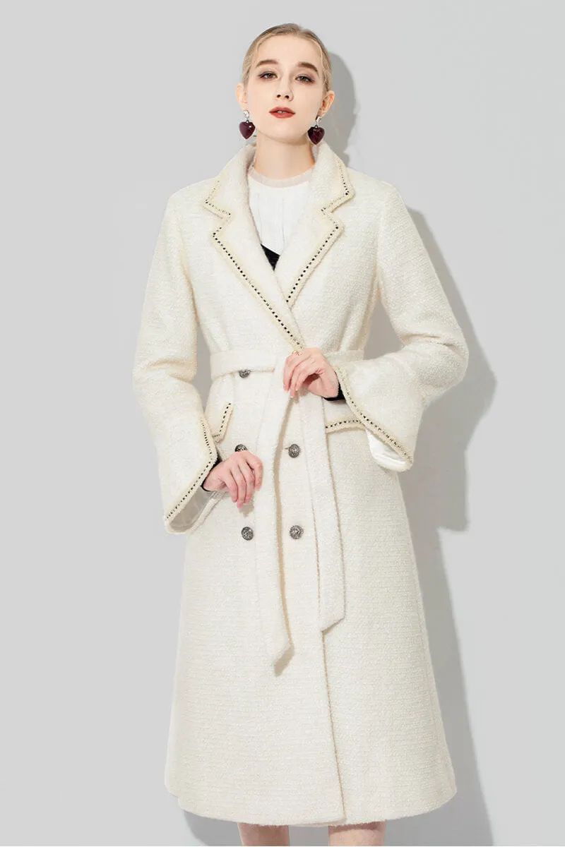 Vanessa Ivory Tweed Thick Wool Blend Double Breasted Coat