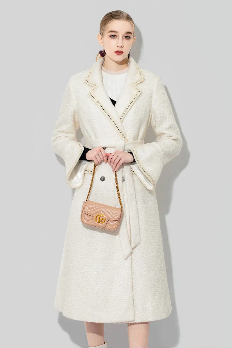 Vanessa Ivory Tweed Thick Wool Blend Double Breasted Coat