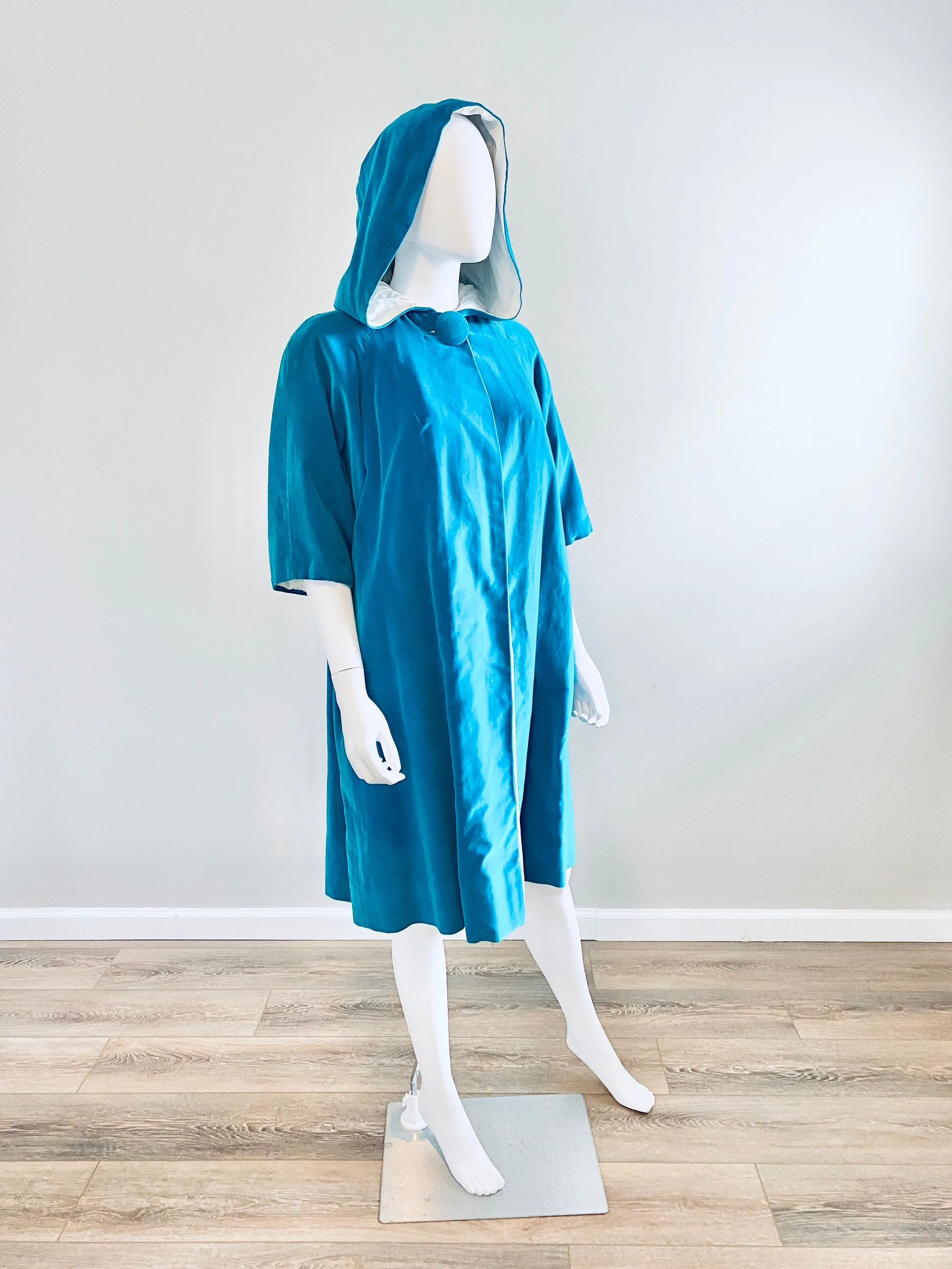 Vintage 1950s Hooded Velvet Aqua Coat / 50s Swing Coat / One Size