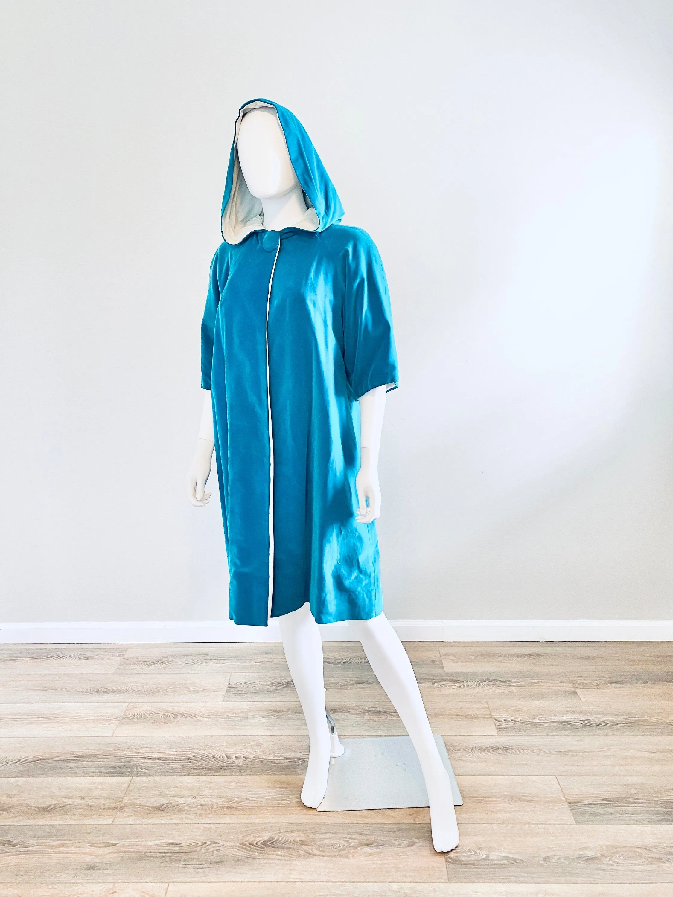 Vintage 1950s Hooded Velvet Aqua Coat / 50s Swing Coat / One Size