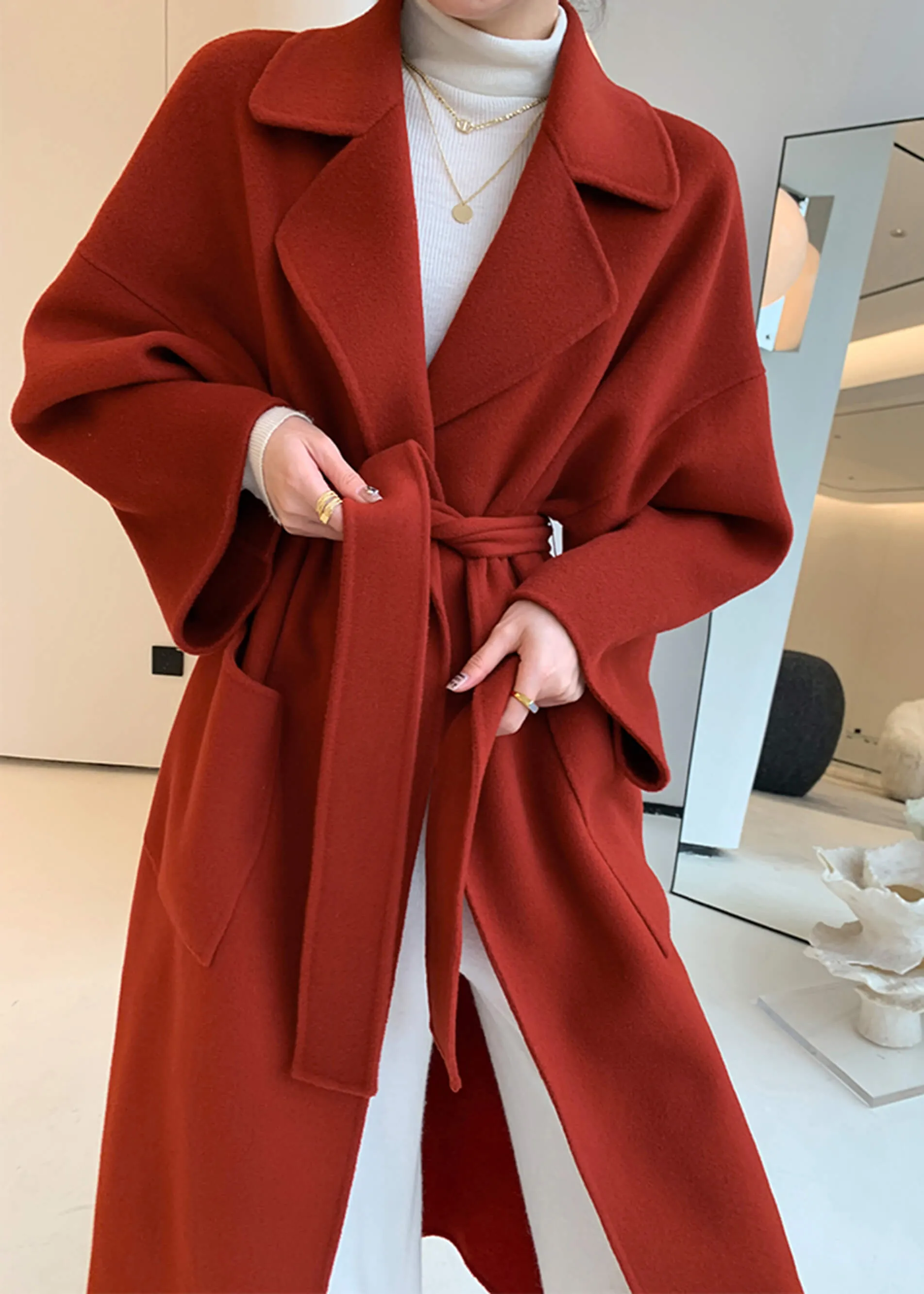 Wine Red Double Face Wool Long Belted Wrap Coat