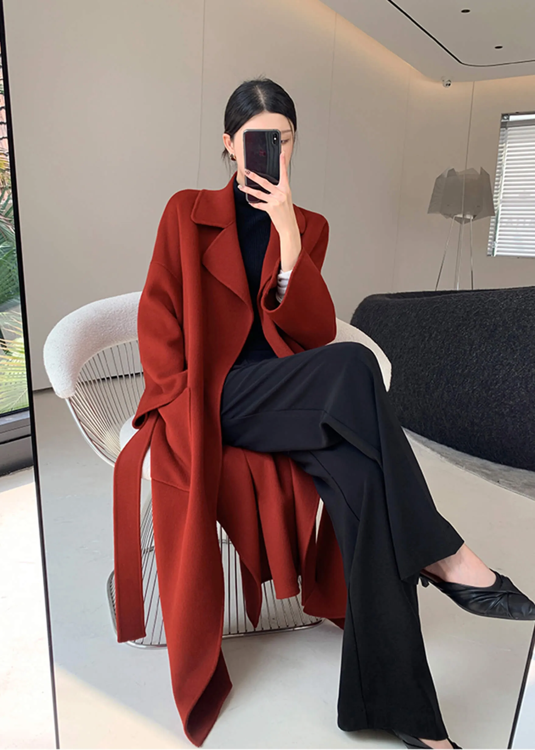 Wine Red Double Face Wool Long Belted Wrap Coat