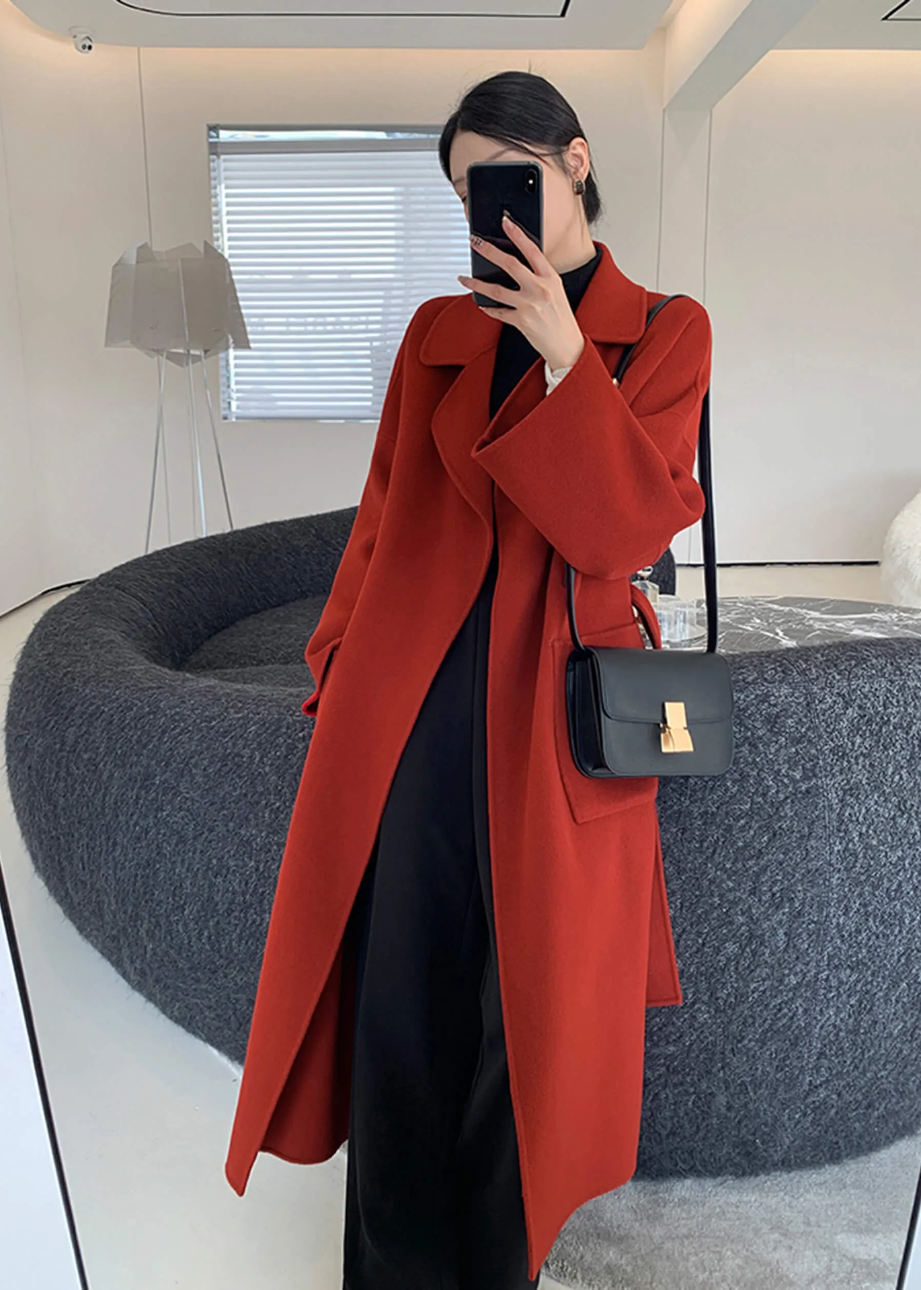 Wine Red Double Face Wool Long Belted Wrap Coat