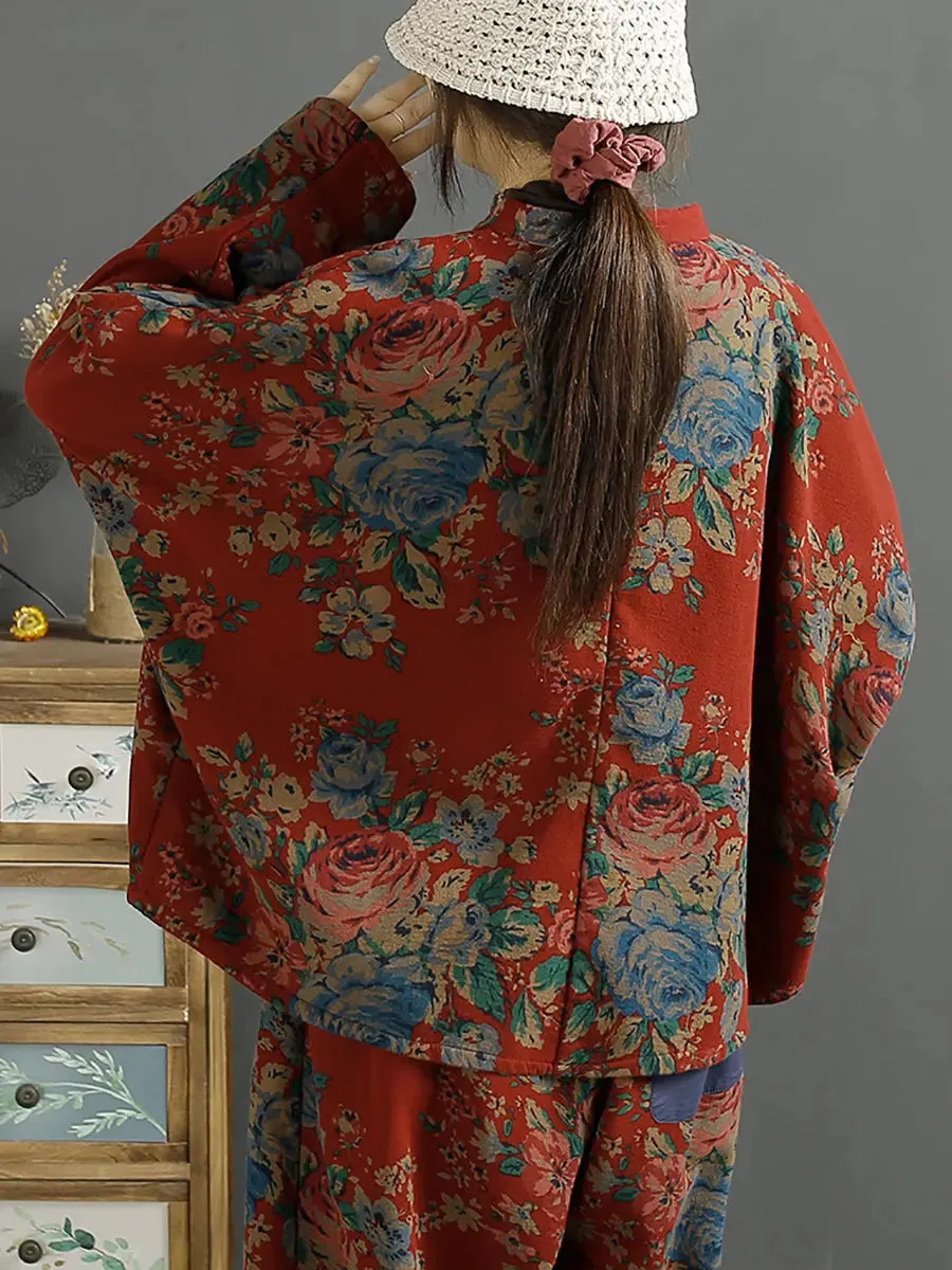 Women Ethnic Flower Loose Slanted Shirt