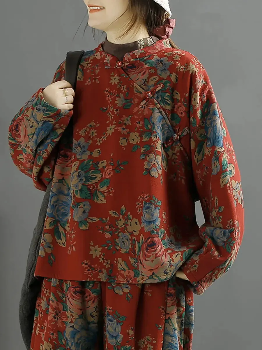 Women Ethnic Flower Loose Slanted Shirt