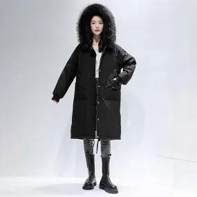 Women's Hooded Parka Long Down Coat,Black fur Hood Down Puffer Coat,Quilted Down Parka Coat,White Fur Collar Hood Down Coat,Warm winter coat