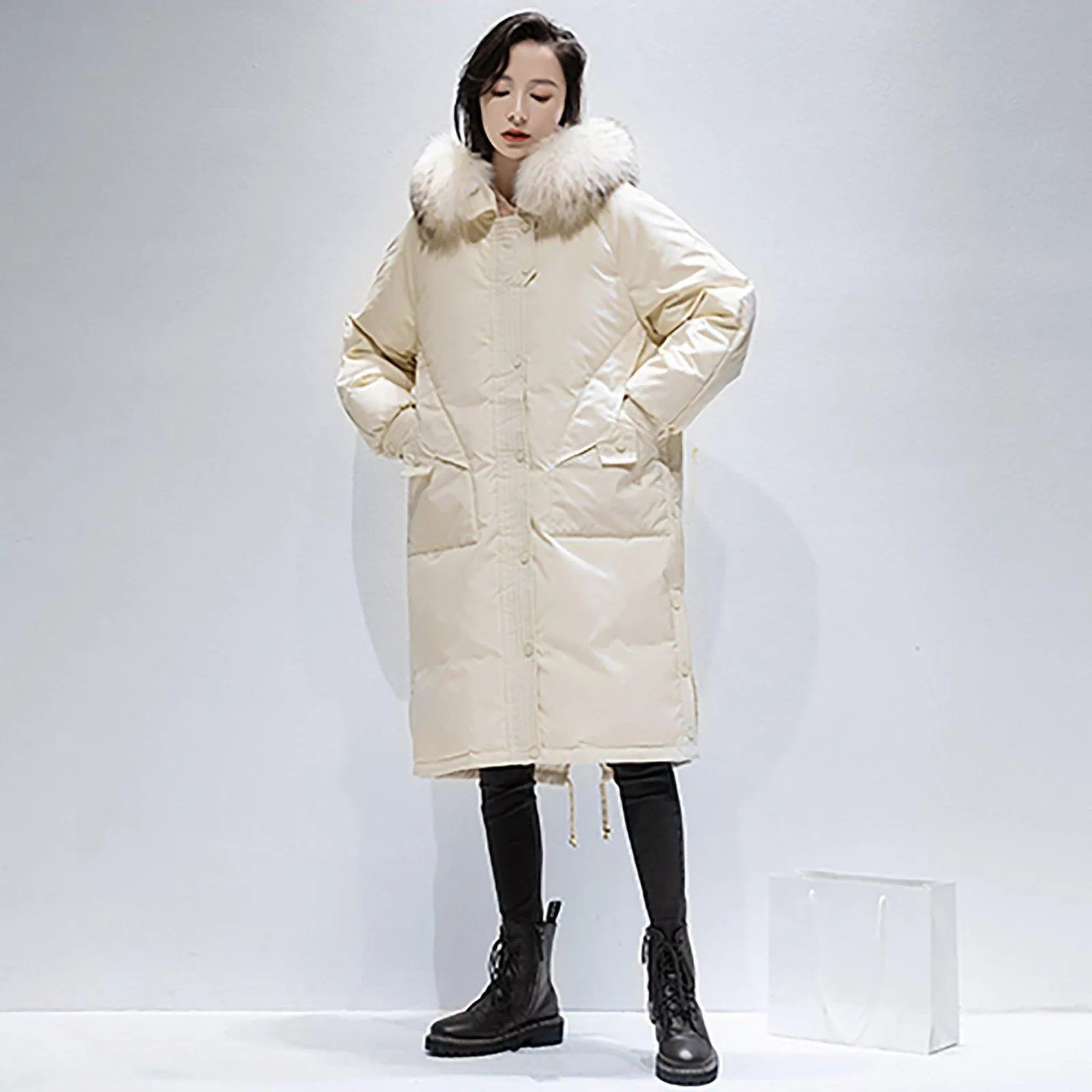 Women's Hooded Parka Long Down Coat,Black fur Hood Down Puffer Coat,Quilted Down Parka Coat,White Fur Collar Hood Down Coat,Warm winter coat