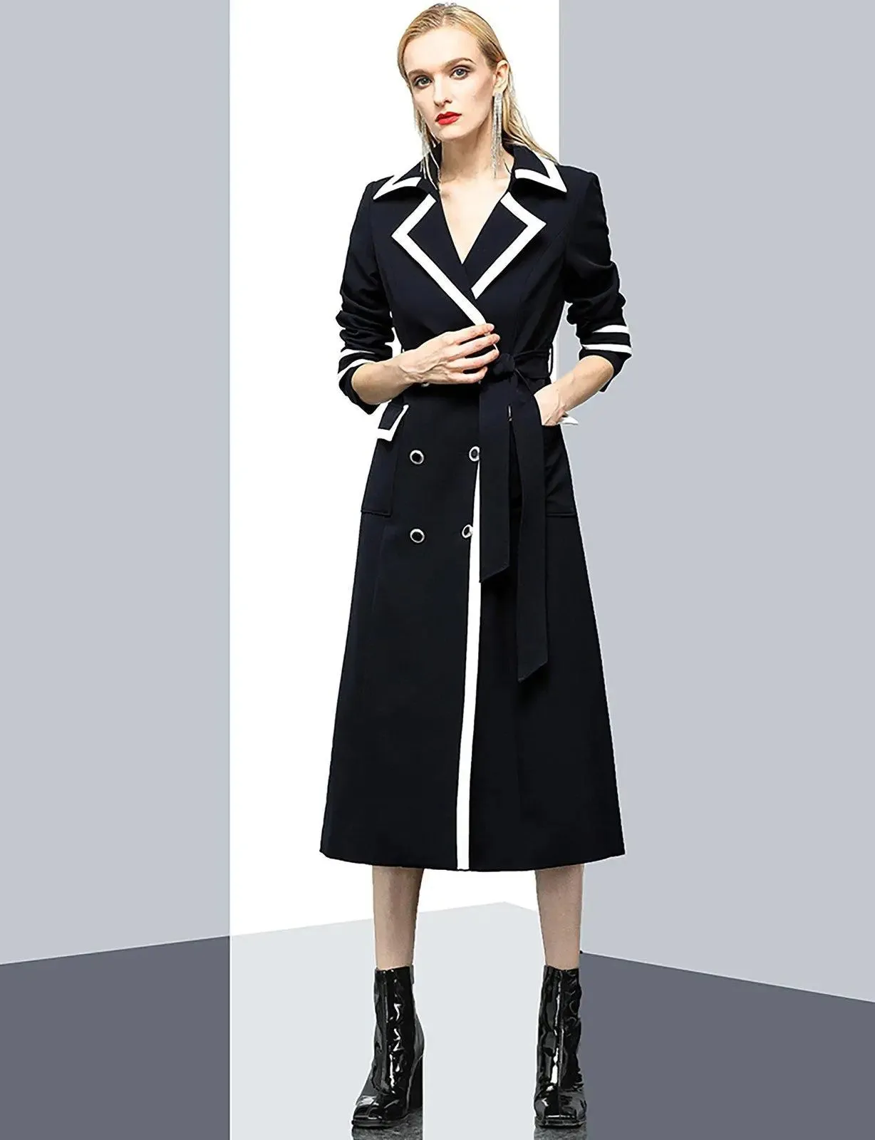 Yilia Double Breasted Belted Long Trench Coat