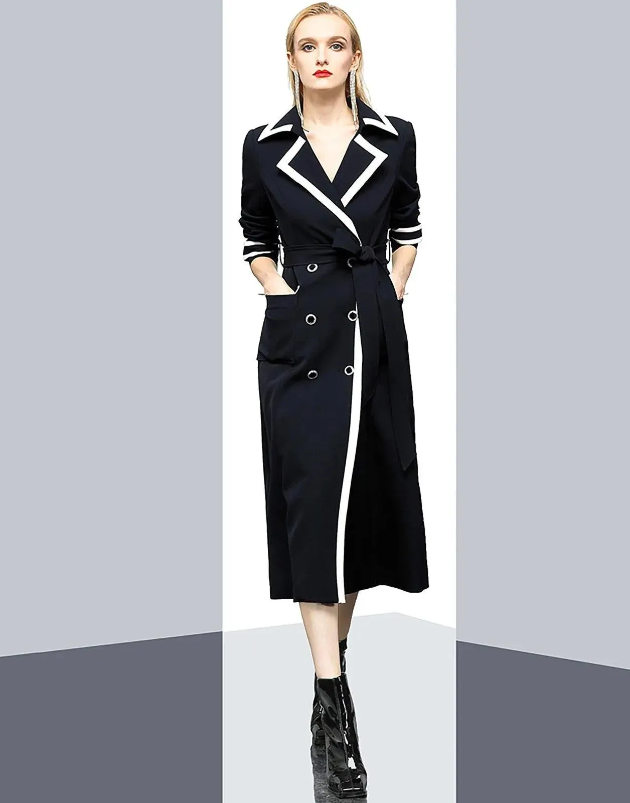 Yilia Double Breasted Belted Long Trench Coat