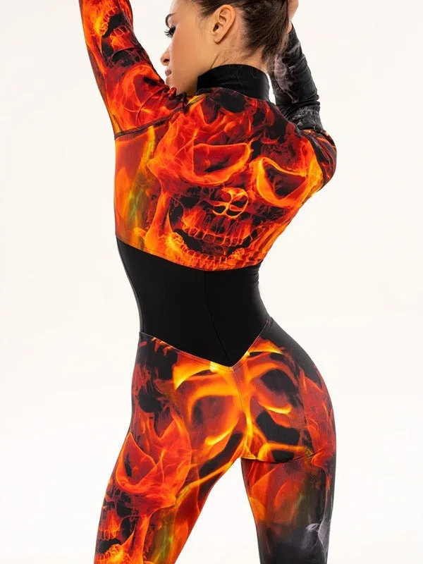 ZASUWA Womens Burning Flame Zipper Jumpsuit with Fiery Design